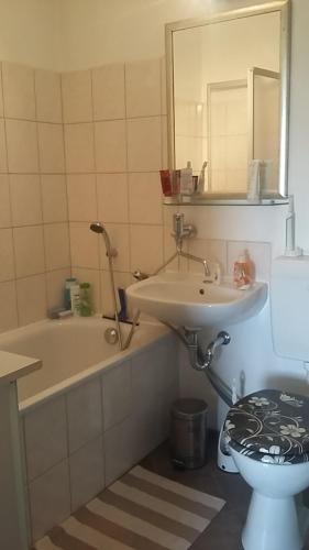 a bathroom with a sink and a toilet and a tub at Am Goldenen Reiter in Dresden