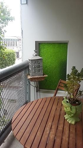 a wooden table on a balcony with a green screen at Am Goldenen Reiter in Dresden