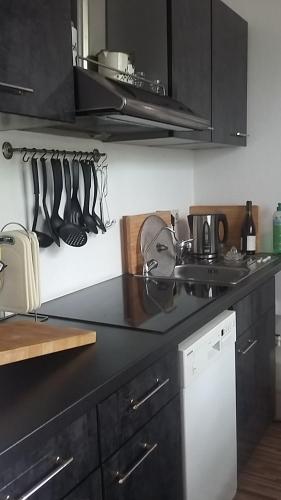 a kitchen with black cabinets and utensils on the wall at Am Goldenen Reiter in Dresden