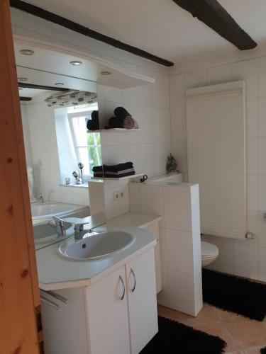 a white bathroom with a sink and a toilet at Ferienhaus Gogelhopf in Unterschneidheim