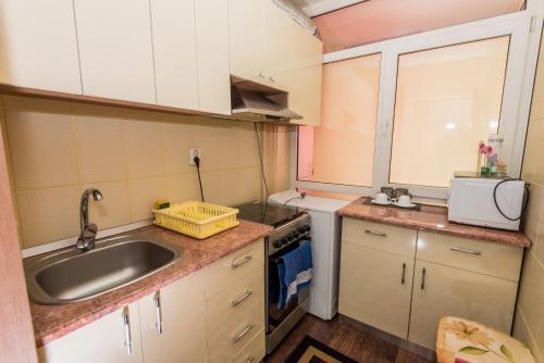 a small kitchen with a sink and a stove at Ambiance studio in Galaţi