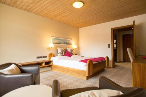 ein Hotelzimmer mit einem Bett und zwei Stühlen in der Unterkunft Hotel Garni Römerhof in Innsbruck