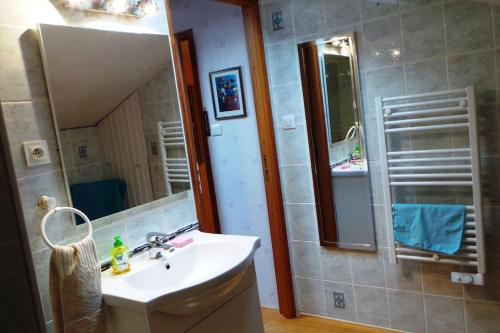 a bathroom with a sink and a shower with a mirror at la petite fontaine in Écuras