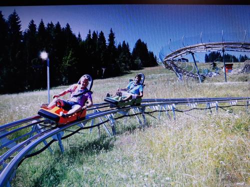 two girls are riding on a roller coaster at Haus Silvia in Flachau