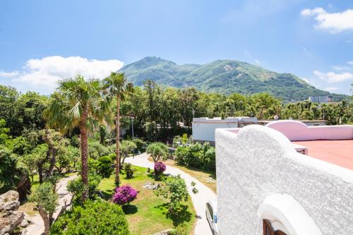 an aerial view of a garden with mountains in the background at Villa Marecoco in Ischia