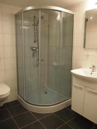 a glass shower in a bathroom with a sink at Ferienwohnung Rixen in Dargelin