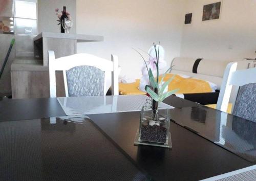 a dining room table with a vase with flowers on it at Apartment Iva in Bijela