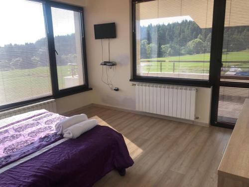 a bedroom with a bed and two large windows at VILLA RELAX in Tsigov Chark