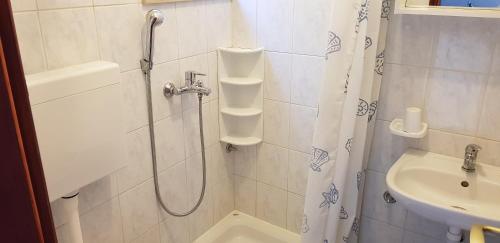 y baño con ducha y lavamanos. en Vila Una, en Žuljana