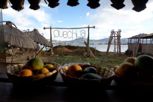 a bunch of fruit in baskets on a table at Quechua lodge Titicaca in Puno