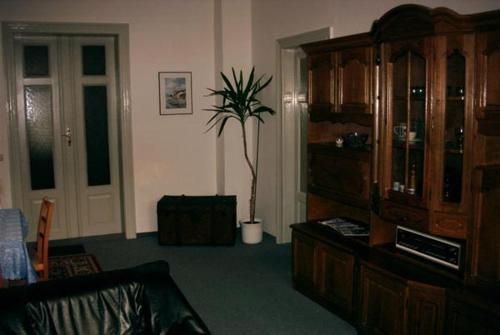 a living room with a potted plant in the corner at Hotel-Pension Königswald in Dresden
