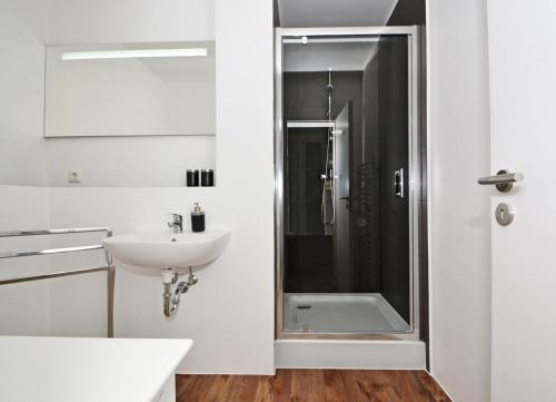a bathroom with a shower and a sink at Haus Usedom Appartement MeeresSpiegel in Ostseebad Koserow