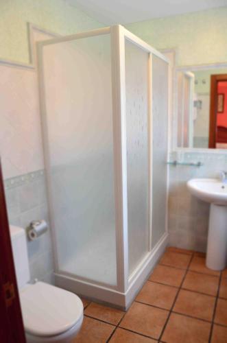 a bathroom with a shower and a toilet and a sink at Labeondo in Muskiz