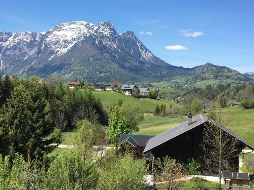 a house in a field with mountains in the background at Ausseer Chalet (nahe Hallstatt), Appartements in Bad Aussee