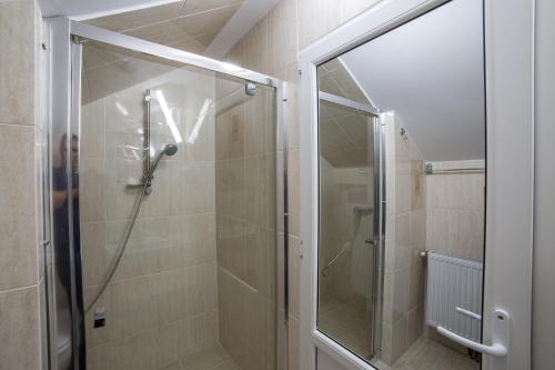 una ducha con puerta de cristal en un baño en Casa Burduhos, en Câmpulung Moldovenesc