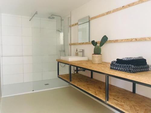 uma casa de banho com um lavatório e um chuveiro em La Grande Maraudeuse em Theux