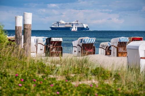 a cruise ship on the water with a beach at Büngers Apartment-Hotel mit Sommerstrandkorb & Gartensauna in Strande