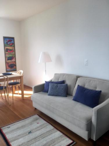 a living room with a gray couch with blue pillows at Ca' Dogana Vegia in Pugerna