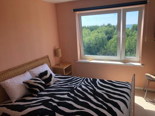 een bed met zebraprint in een slaapkamer met een raam bij R.R. Liepaja Apartments Siguldas in Liepāja