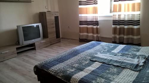 a bedroom with a bed and a tv and curtains at rodiny dom in Rapovce
