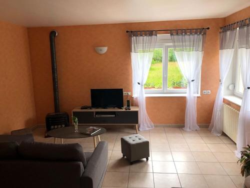 un salon avec un canapé et une télévision dans l'établissement LE REVE DE CHARLES, à Faucompierre