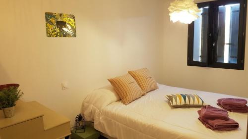 een slaapkamer met een bed met 2 kussens erop bij La Frache in Sainte-Croix-de-Verdon