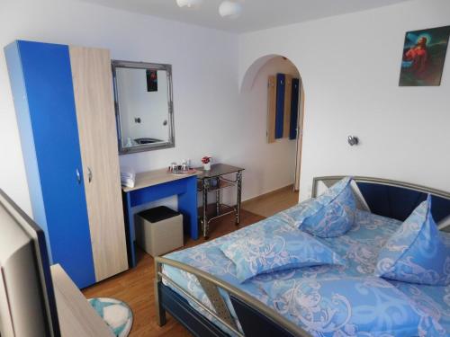 a room with a bed and a table and a mirror at Pensiunea Casa Domnitei in Baia de Fier