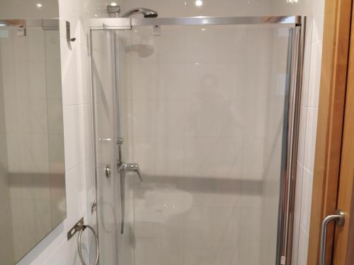 a bathroom with a shower with a glass door at Hotel Pazo de Berbetoros in Portomarin