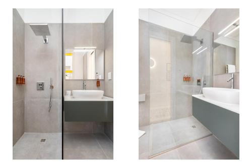 two views of a bathroom with two sinks and a shower at Amazing Art Deco Villa 150m to sea with Daily Housekeeping in Sliema