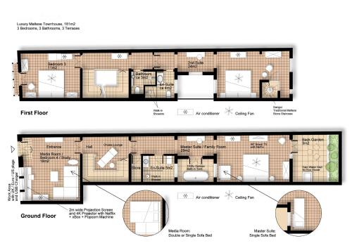 a floor plan and elevation of a house at Amazing Art Deco Villa 150m to sea with Daily Housekeeping in Sliema