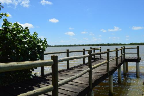 a wooden bridge over a body of water at Pousada Recanto das Aves in Iguape