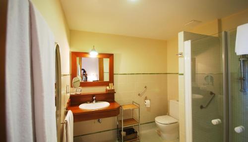 y baño con lavabo, aseo y espejo. en Hotel Del Verde Al Amarillo, en Peñasrubias de Pirón