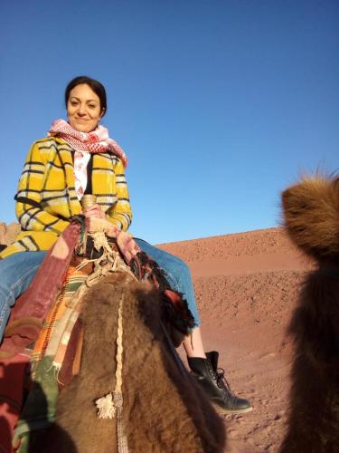 a woman sitting on the back of an elephant in the desert at Bronze Mountains Camp Wadi Rum in Aqaba