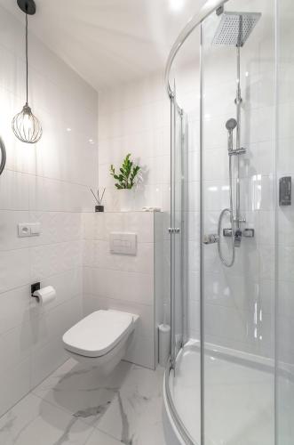 a white bathroom with a toilet and a shower at Panorama Przemyśl in Przemyśl