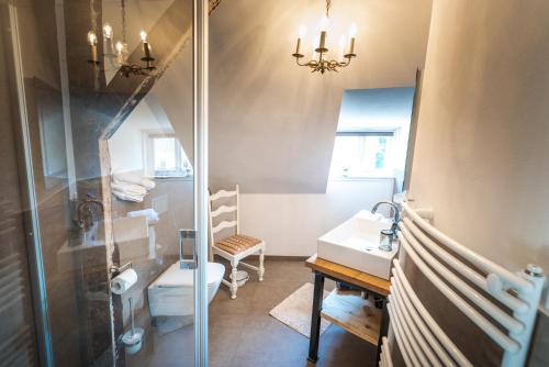 a bathroom with a sink and a toilet and a mirror at Pension Schneiderstübchen Hambergen in Hambergen
