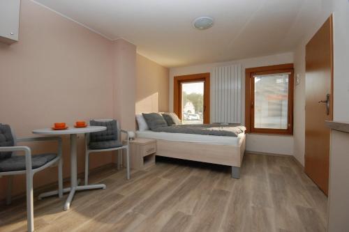 a bedroom with a bed and a table and chairs at Apartmán MH in Břeclav
