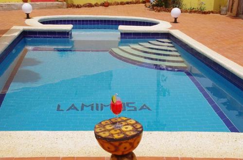 a picture of a swimming pool with a bird sitting on a bowl at Hotel Mimosa Airport in Toubab Dialaw