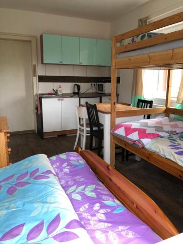 a room with two bunk beds and a kitchen at VilaEva Adršpach Broumovsko in Ruprechtice