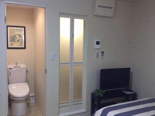 a bathroom with a toilet and a television in it at 駅近-JR小岩駅まで徒歩3分-Leo小岩 101 in Tokyo