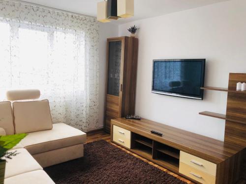 a living room with a couch and a tv on the wall at Little cute homey apartman in Satu Mare