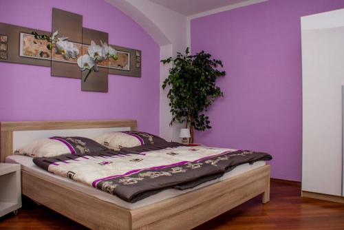 1 dormitorio con paredes moradas y 1 cama grande en Apartments Stirl, en Dresden