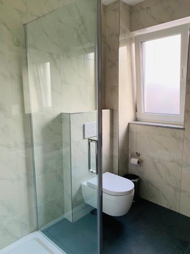 a bathroom with a toilet and a glass shower at IG-Apartments in Hattersheim