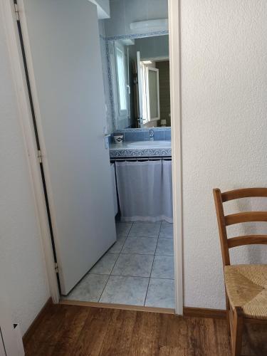 une salle de bain avec un lavabo et un miroir dans l'établissement Colline de la bergerie, à Cambo-les-Bains