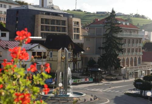 a town with a fountain in the middle of a street at Alexandria Spa & Wellness Hotel in Luhačovice