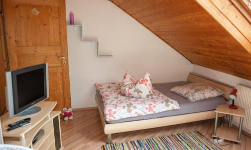 a room with a bed with a tv and a staircase at Ferienwohnung Dichtl in Grafenau