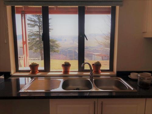 a kitchen sink and a window with potted plants at Giant's View Village in Nottingham Road