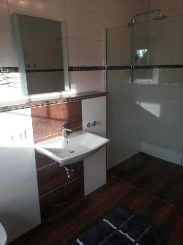 a bathroom with a sink and a mirror at Ferienhaus Michelson in Karlshagen