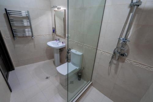 a bathroom with a shower and a toilet and a sink at Golden Light Hotel in Tbilisi City