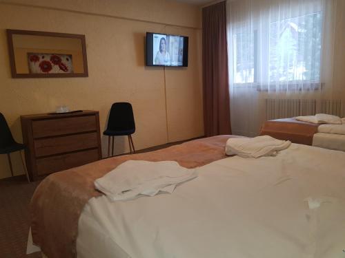 a hotel room with two beds and a television at Cabana Fulg De Nea Predeal in Predeal