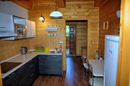a kitchen in a log cabin with a sink at Jankówka in Wieliczka